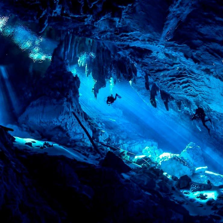 Mergulhadores explorando uma caverna subaquática iluminada por feixes de luz azul, com estalactites ao redor.